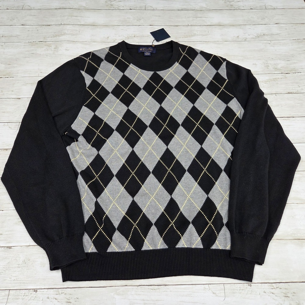 Brooks Brothers Sweater Mens XXL Black Argyle Supima Cotton Crewneck Pullover